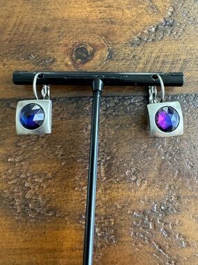 MYKA Designs Square Euroback Crystal Dichroic Blue Purple Swarovski Earrings